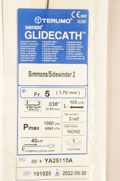 Terumo YA25110A Radifocus Glidecath Angiographic Cath. 5Fr x 100cm x .038inch(x)